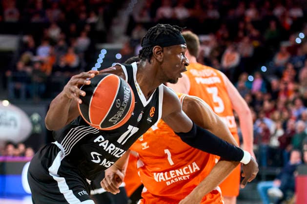 December 30, 2025, Valencia, Spain: Isaac Bonga (Partizan Mozzart Bet Belgrade) and Kameron Taylor of Valencia basket in action during the Euroleague Regular Season Round 19 between Valencia Basket and Partizan Mozzart Bet Belgrade at Roig Arena Stadium. Final score; Valencia Basket 86:63 Partizan Mozzart Bet Belgrade Valencia Spain - ZUMAs197 20251230_aaa_s197_261 Copyright: xGermanxVidalxPoncex