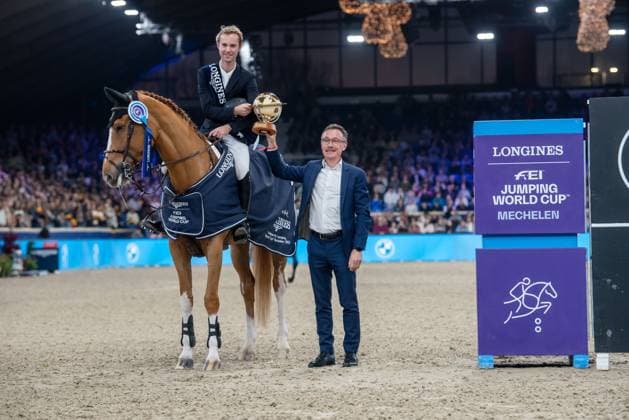 Belgian rider Gilles Thomas with Qalista DN is pictured after winning the FEI World Cup Jumping competition at the Vlaanderens Kerstjumping equestrian event in Mechelen on Tuesday 30 December 2025. JONASxROOSENS  x152573090x