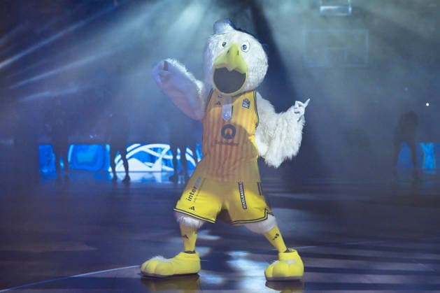 31 12 2025, xlakx, Basketball easyCredit BBL Bundesliga, Alba Berlin Basketball Löwen Braunschweig v l Mascot of Alba Berlin Albatros Berlin Daniel Lakomski