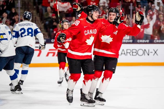December 31, 2025, Minneapolis, Mn, Canada: Canada s Brady Martin (28) celebrates his goal with teammate Cole Beaudoin (26) during first period IIHF World Junior Championship hockey action against Finland in Minneapolis on Wednesday, Dec. 31, 2025. Canada News - December 31, 2025  - ZUMAc35_ 20251231_zaf_c35_061 Copyright: xChristopherxKatsarovx