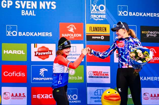 X2O Badkamers Trofee 2025-2026 Baal BAAL, BELGIUM - JANUARY 01 : Pieterse Puck (NED) of Fenix - Deceuninck and Backstedt Zoe (GBR) of Canyon - Sram Racing on the podium during the 6th leg of the GP Sven Nys X2O Badkamers Trofee 2025-2026 a cyclocross race for Men Elite on January 1, 2026 in Baal, Belgium, 01 01 2026 ( Baal Belgium  Copyright: xGvgx