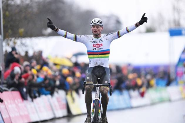 Dutch Mathieu Van Der Poel celebrates as he crosses the finish line to win the men s elite race of the GP Sven Nys cyclocross cycling event on Thursday 01 January 2026 in Baal, stage 6 8 in the X2O Badkamers Trofee Veldrijden competition. DAVIDxPINTENS  x152824314x