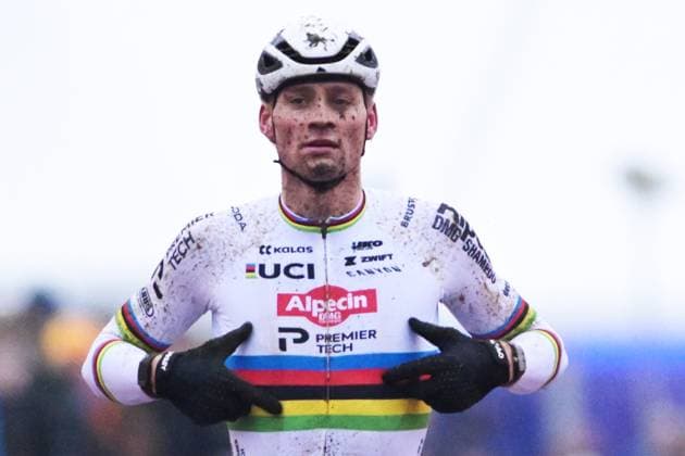 Dutch Mathieu Van Der Poel celebrates as he crosses the finish line to win the men s elite race of the GP Sven Nys cyclocross cycling event on Thursday 01 January 2026 in Baal, stage 6 8 in the X2O Badkamers Trofee Veldrijden competition. DAVIDxPINTENS  x152824826x