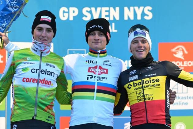 Belgian Emiel Verstrynge, Dutch Mathieu Van Der Poel and Belgian Thibau Nys celebrate on the podium after the men s elite race of the GP Sven Nys cyclocross cycling event on Thursday 01 January 2026 in Baal, stage 6 8 in the X2O Badkamers Trofee Veldrijden competition. DAVIDxPINTENS  x152827518x