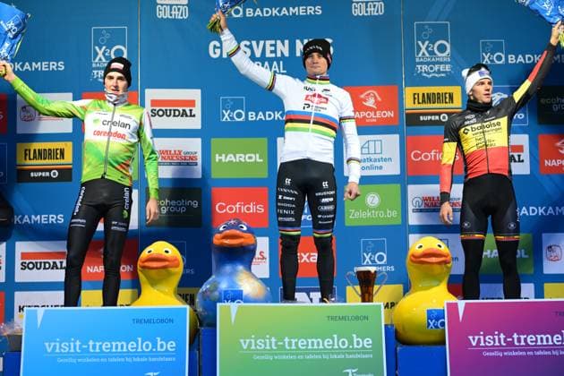 Belgian Emiel Verstrynge, Dutch Mathieu Van Der Poel and Belgian Thibau Nys celebrate on the podium after the men s elite race of the GP Sven Nys cyclocross cycling event on Thursday 01 January 2026 in Baal, stage 6 8 in the X2O Badkamers Trofee Veldrijden competition. DAVIDxPINTENS  x152827601x