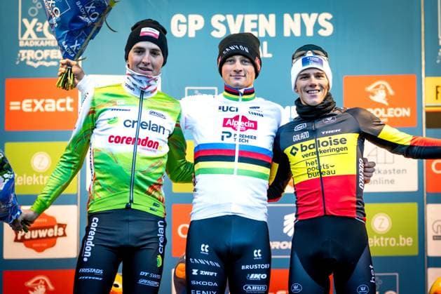 Belgian Emiel Verstrynge, Dutch Mathieu Van Der Poel and Belgian Thibau Nys pictured on the podium after the men s elite race of the GP Sven Nys cyclocross cycling event on Thursday 01 January 2026 in Baal, stage 6 8 in the X2O Badkamers Trofee Veldrijden competition. DAVIDxPINTENS  x152833152x