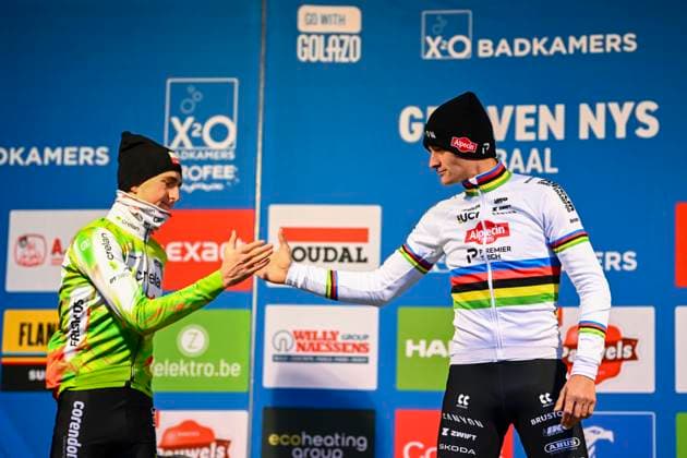 X2O Badkamers Trofee 2025-2026 Baal BAAL, BELGIUM - JANUARY 01 : Van Der Poel Mathieu (NED) of Alpecin-Deceuninck and Verstrynge Emiel (BEL) of Crelan - Corendon on the podium during the 6th leg of the GP Sven Nys X2O Badkamers Trofee 2025-2026 a cyclocross race for Men Elite on January 1, 2026 in Baal, Belgium, 01 01 2026 ( Baal Belgium  Copyright: xGvgx
