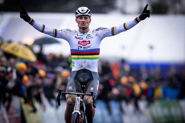 Dutch Mathieu Van Der Poel celebrates as he crosses the finish line to win the men s elite race of the GP Sven Nys cyclocross cycling event on Thursday 01 January 2026 in Baal, stage 6 8 in the X2O Badkamers Trofee Veldrijden competition. DAVIDxPINTENS  x152834603x