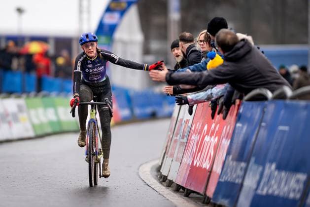 Dutch Lucinda Brand celebrates as she crosses the finish line to win the women s elite race of the GP Sven Nys cyclocross cycling event on Thursday 01 January 2026 in Baal, stage 6 8 in the X2O Badkamers Trofee Veldrijden competition. DAVIDxPINTENS  x152853396x