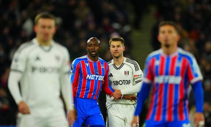 Joachim Andersen of Fulham marks Jean-Philippe Mateta of Crystal Palace Crystal Palace v Fulham, Premier League, Football, Selhurst Park, London, UK - 01 Jan 2026London Selhurst Park United Kingdom EDITORIAL USE ONLY No use with unauthorised audio, video, data, fixture lists, club league logos or live services. Online in-match use limited to 120 images, no video emulation. No use in betting, games or single club league player publications.  Copyright: xJavierxGarcia Shutterstockx 16216356ax