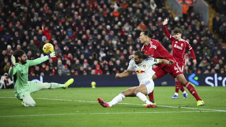 Liverpool v Leeds United, FA Premier League 01.01.26 Liverpool v Leeds United, FA Premier League Bradley Ormesher The Times Dominic Calvert-Lewin of Leeds United has chance cleated by Alisson Becker of Liverpool  Copyright: xBradleyxOrmesherx NINTCHDBPICT001048892985