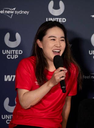 (260102) -- SYDNEY, Jan. 2, 2026 -- Zhu Lin of team China participates in the media conference of the United Cup Sydney tennis tournament at Ken Rosewall Arena in Sydney, Australia, Jan. 2, 2026. ) (SP)AUSTRALIA-SYDNEY-TENNIS-UNITED CUP-CHINA-MEDIA CONFERENCE MaxPing 