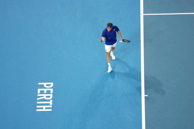 TENNIS UNITED CUP PERTH, Stefanos Tsitsipas of Greece in action against Shintaro Mochizuki of Japan during the United Cup day one match between Greece and Japan at RAC Arena in Perth, Friday, January 2, 2026. ( NO ARCHIVING, EDITORIAL USE ONLY PERTH WESTERN AUSTRALIA AUSTRALIA  Copyright: xRICHARDxWAINWRIGHTx 20260103155308891430