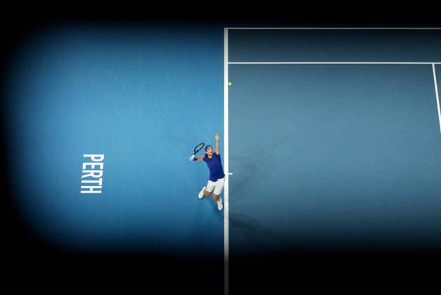 TENNIS UNITED CUP PERTH, Stefanos Tsitsipas of Greece in action against Shintaro Mochizuki of Japan during the United Cup day one match between Greece and Japan at RAC Arena in Perth, Friday, January 2, 2026. ( NO ARCHIVING, EDITORIAL USE ONLY PERTH WESTERN AUSTRALIA AUSTRALIA  Copyright: xRICHARDxWAINWRIGHTx 20260103187360503995