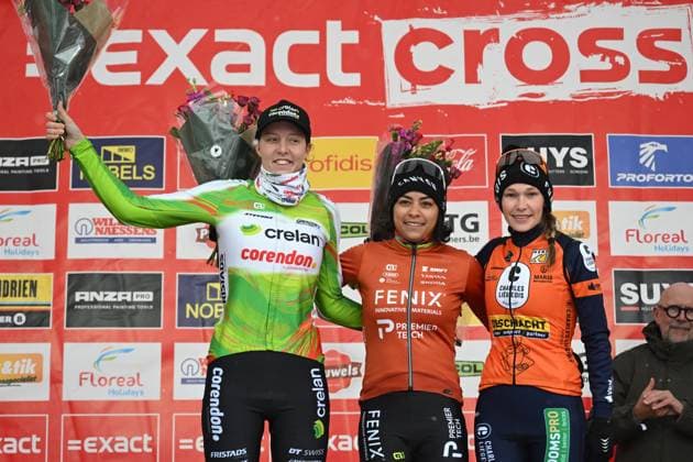 Dutch Manon Bakker, Dutch Ceylin Del Carmen Alvarado and Belgian Julie Brouwers celebrate on the podium after the women s elite race of the Zilvermeercross cyclocross cycling event in Mol, stage 5 7 in the Exact Cross competition, on Friday 02 January 2026. LUCxCLAESSEN  x153032344x