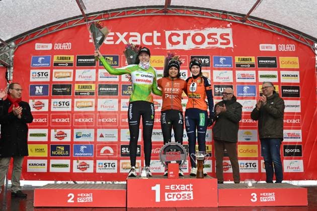 Dutch Manon Bakker, Dutch Ceylin Del Carmen Alvarado and Belgian Julie Brouwers celebrate on the podium after the women s elite race of the Zilvermeercross cyclocross cycling event in Mol, stage 5 7 in the Exact Cross competition, on Friday 02 January 2026. LUCxCLAESSEN  x153032419x