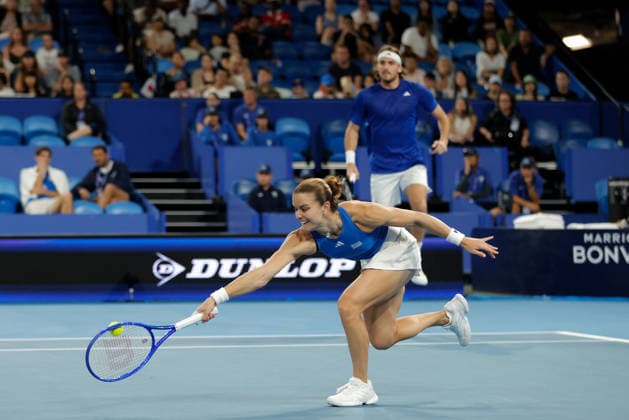 TENNIS UNITED CUP PERTH, Stefanos Tsitsipas and Maria Sakkari of Greece in action against Yasutaka Uchiyama and Nao Hibino of Japan during the United Cup day one doubles match between Greece and Japan at RAC Arena in Perth, Friday, January 2, 2026. ( NO ARCHIVING, EDITORIAL USE ONLY PERTH WESTERN AUSTRALIA AUSTRALIA  Copyright: xRICHARDxWAINWRIGHTx 20260103146760489251