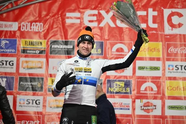 Belgian Toon Aerts pictured on the podium after the men s elite race of the Zilvermeercross cyclocross cycling event in Mol, stage 5 7 in the Exact Cross competition, on Friday 02 January 2026. LUCxCLAESSEN  x153055698x