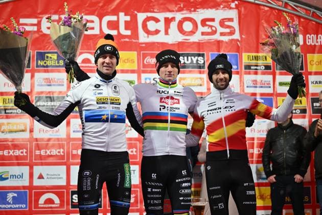 Belgian Toon Aerts, Dutch Mathieu Van Der Poel and Spanish Felipe Orts Lloret pictured on the podium after the men s elite race of the Zilvermeercross cyclocross cycling event in Mol, stage 5 7 in the Exact Cross competition, on Friday 02 January 2026. LUCxCLAESSEN  x153056607x