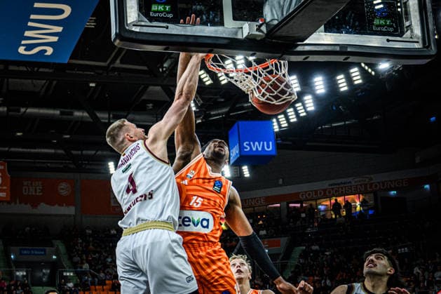 Justas Furmanavicius Lietkabelis Panevezys and Justin Simon ratiopharm ulm in a duel during the EuroCup match between ratiopharm ulm vs Lietkabelis Panevezys at ratiopharm Arena on 02 January 2026 in Neu Ulm, Germany, Germany Photo by Harry Langer DeFodi Images Justas Furmanavicius Lietkabelis Panevezys and Justin Simon ratiopharm ulm battle for the ball during the EuroCup match between ratiopharm ulm vs Lietkabelis Panevezys at ratiopharm Arena on January 2, 2026 in Neu Ulm, Germany Photo by Harry Langer DeFodi Images Photo by Harry Langer DeFodi Images
