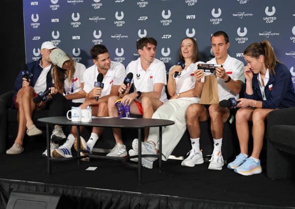 January 3, 2026, Sydney, New South Wales, Australia: Polish tennis players JAN ZIELINSKI, KATARZYNA PITER, HUBERT HURKACZ, MATEUSZ TERCZYNSKI, IGA SWIATEK, DANIEL MICHALSKI, KATARZYNA KAWA during press conference, PK, Pressekonferenz before tennis tournament United Cup, Sydney, Australia. Sydney Australia - ZUMAc278 20260103_zsp_c278_002 Copyright: xMarcinxCholewinskix