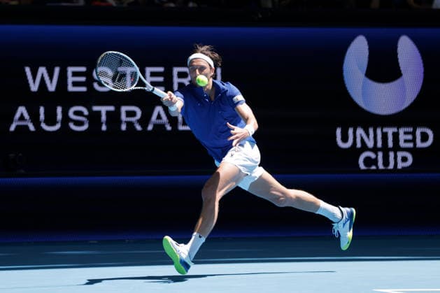 TENNIS UNITED CUP PERTH, Arthur Rinderknech of France in action against Stan Wawrinka of Switzerland during the United Cup day two match between Switzerland and France at RAC Arena in Perth, Saturday, January 3, 2026. ( NO ARCHIVING, EDITORIAL USE ONLY PERTH WESTERN AUSTRALIA AUSTRALIA  Copyright: xRICHARDxWAINWRIGHTx 20260103180470996175