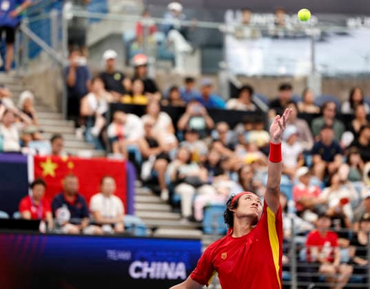 (260103) -- SYNDEY, Jan. 3, 2026 -- Zhang Zhizhen of China serves during the men s singles match against Zizou Bergs of Belgium in the Group B round robin match between China and Belgium at the 2026 United Cup tennis tournament in Sydney, Australia, Jan. 3, 2026. ) (SP)AUSTRALIA-SYNDEY-TENNIS-UNITED CUP-CHN VS BEL MaxPing 