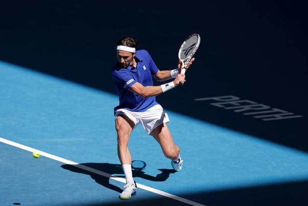TENNIS UNITED CUP PERTH, Arthur Rinderknech of France in action against Stan Wawrinka of Switzerland during the United Cup day two match between Switzerland and France at RAC Arena in Perth, Saturday, January 3, 2026. ( NO ARCHIVING, EDITORIAL USE ONLY PERTH WESTERN AUSTRALIA AUSTRALIA  Copyright: xRICHARDxWAINWRIGHTx 20260103173223745724