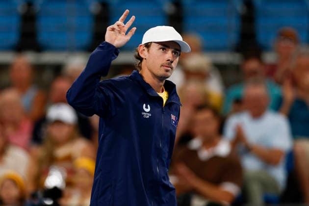 TENNIS UNITED CUP SYDNEY, Alex de Minaur of Team Australia waves ahead of the Group D singles match between Storm Hunter of Team Australia and Malene Helgo of Team Norway during day two of the 2026 United Cup at Ken Rosewall Arena in Sydney, Saturday, January 3, 2026. ( NO ARCHIVING, EDITORIAL USE ONLY SYDNEY NEW SOUTH WALES AUSTRALIA  Copyright: xMARKxEVANSx 20260103181669610910