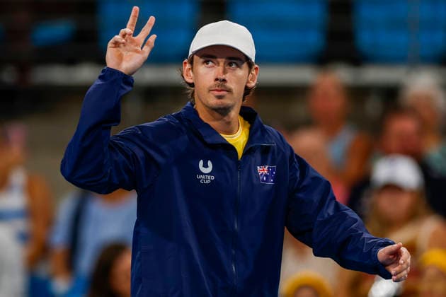 TENNIS UNITED CUP SYDNEY, Alex de Minaur of Team Australia waves ahead of the Group D singles match between Storm Hunter of Team Australia and Malene Helgo of Team Norway during day two of the 2026 United Cup at Ken Rosewall Arena in Sydney, Saturday, January 3, 2026. ( NO ARCHIVING, EDITORIAL USE ONLY SYDNEY NEW SOUTH WALES AUSTRALIA  Copyright: xMARKxEVANSx 20260103111849317911