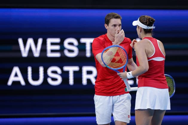 TENNIS UNITED CUP PERTH, Belinda Bencic and Jakub Paul of Switzerland in action against Tiantsoa Rakotomanga Rajaonah and Edouard Roger-Vasselin of France during the United Cup day two doubles match between Switzerland and France at RAC Arena in Perth, Saturday, January 3, 2026. ( NO ARCHIVING, EDITORIAL USE ONLY PERTH WESTERN AUSTRALIA AUSTRALIA  Copyright: xRICHARDxWAINWRIGHTx 20260103139561551530