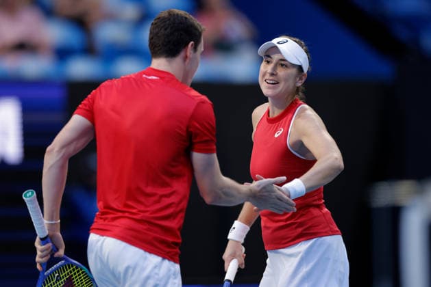 TENNIS UNITED CUP PERTH, Belinda Bencic and Jakub Paul of Switzerland in action against Tiantsoa Rakotomanga Rajaonah and Edouard Roger-Vasselin of France during the United Cup day two doubles match between Switzerland and France at RAC Arena in Perth, Saturday, January 3, 2026. ( NO ARCHIVING, EDITORIAL USE ONLY PERTH WESTERN AUSTRALIA AUSTRALIA  Copyright: xRICHARDxWAINWRIGHTx 20260103164383241158