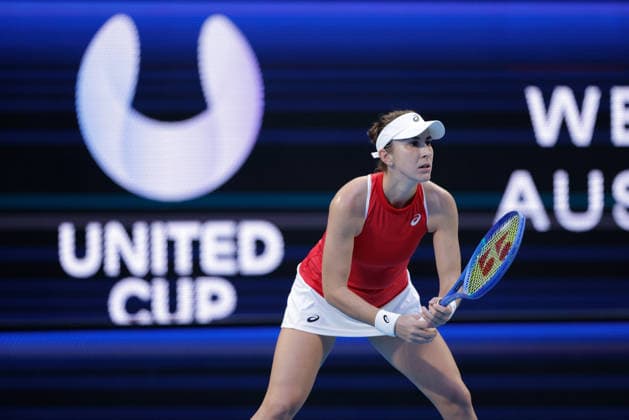 TENNIS UNITED CUP PERTH, Belinda Bencic of Switzerland in action during the United Cup day two doubles match between Switzerland and France at RAC Arena in Perth, Saturday, January 3, 2026. ( NO ARCHIVING, EDITORIAL USE ONLY PERTH WESTERN AUSTRALIA AUSTRALIA  Copyright: xRICHARDxWAINWRIGHTx 20260103179447700515