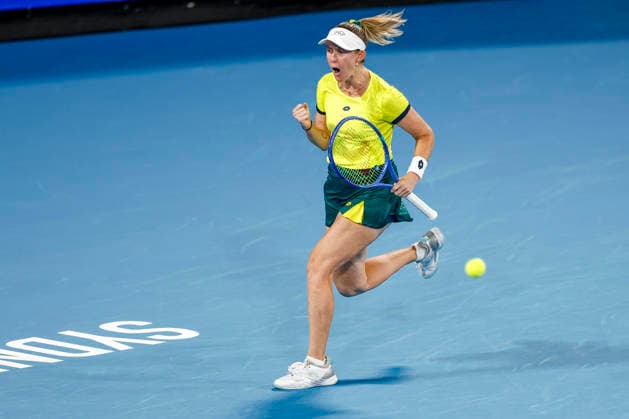 TENNIS UNITED CUP SYDNEY, Storm Hunter of Team Australia celebrates a point in her Group D singles match against Malene Helgo of Team Norway during day two of the 2026 United Cup at Ken Rosewall Arena in Sydney, Saturday, January 3, 2026. ( NO ARCHIVING, EDITORIAL USE ONLY SYDNEY NEW SOUTH WALES AUSTRALIA  Copyright: xMARKxEVANSx 20260103179550356107