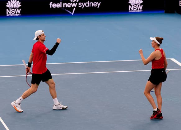 (260103) -- SYNDEY, Jan. 3, 2026 -- Elise Mertens (R) Zizou Bergs of Belgium celebrate during the mixed doubles match against Zhu Lin Zhang Zhizhen of China in the Group B round robin match between China and Belgium at the 2026 United Cup tennis tournament in Sydney, Australia, Jan. 3, 2026. ) (SP)AUSTRALIA-SYNDEY-TENNIS-UNITED CUP-CHN VS BEL MaxPing 