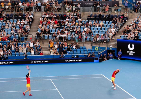 (260103) -- SYNDEY, Jan. 3, 2026 -- Zhu Lin (L) Zhang Zhizhen of China celebrate after the mixed doubles match against Elise Mertens Zizou Bergs of Belgium in the Group B round robin match between China and Belgium at the 2026 United Cup tennis tournament in Sydney, Australia, Jan. 3, 2026. ) (SP)AUSTRALIA-SYNDEY-TENNIS-UNITED CUP-CHN VS BEL MaxPing 