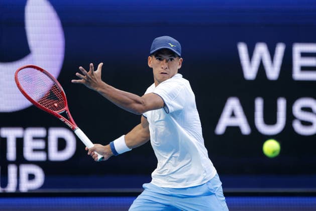 TENNIS UNITED CUP PERTH, Sebastian Baez of Argentina in action against Taylor Fritz of the USA during the United Cup day two match between the USA and Argentina at RAC Arena in Perth, Saturday, January 3, 2026. ( NO ARCHIVING, EDITORIAL USE ONLY PERTH WESTERN AUSTRALIA AUSTRALIA  Copyright: xRICHARDxWAINWRIGHTx 20260103137520630745