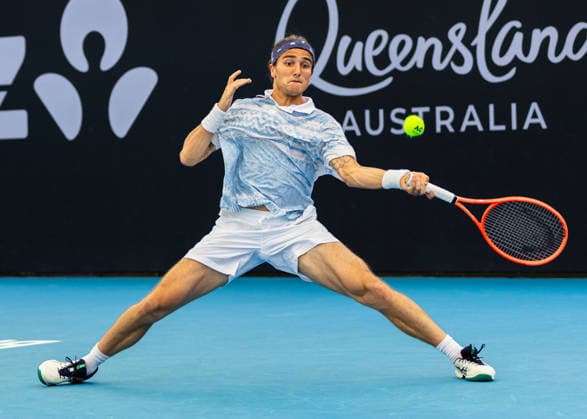 January 3, 2026, Brisbane, Qld, Australia: MATTIA BELLUCCI of Italy plays a forehand during his MenÃ¢â‚¬â ¢s Singles qualifying round match against PABLO CARRENO BUSTA of Spain at the Brisbane International. Brisbane Australia - ZUMAt173 20260103_zsp_t173_004 Copyright: xStephanexThomasx