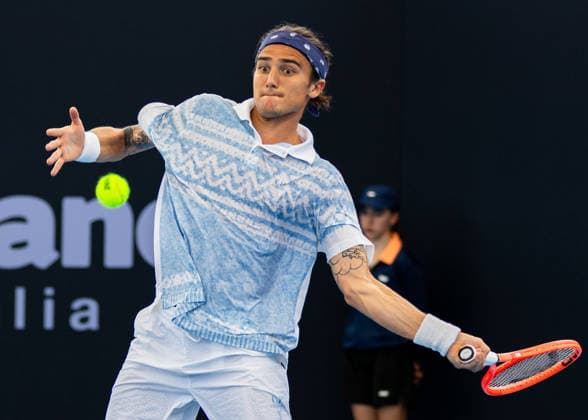 January 3, 2026, Brisbane, Qld, Australia: MATTIA BELLUCCI of Italy plays a forehand during his MenÃ¢â‚¬â ¢s Singles qualifying round match against PABLO CARRENO BUSTA of Spain at the Brisbane International. Brisbane Australia - ZUMAt173 20260103_zsp_t173_005 Copyright: xStephanexThomasx