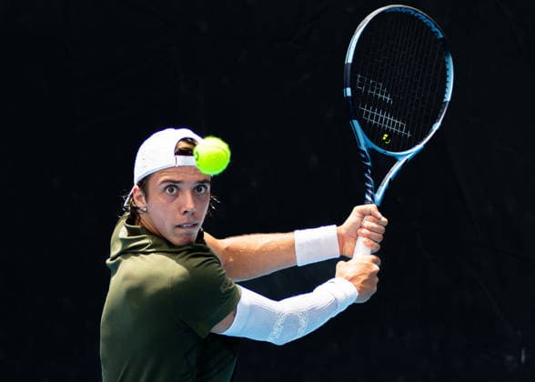 January 3, 2026, Brisbane, Qld, Australia: ARTHUR CAZAUX of France plays a backhand during his MenÃ¢â‚¬â ¢s Singles qualifying round match against MARTIN LANDALUCE at the Brisbane International. Brisbane Australia - ZUMAt173 20260103_zsp_t173_010 Copyright: xStephanexThomasx