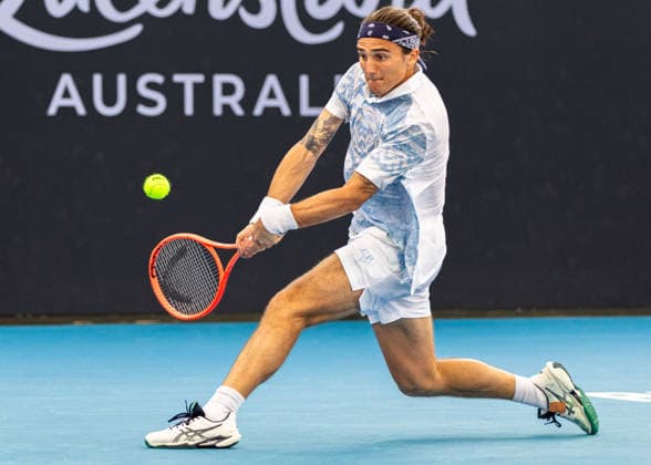 January 3, 2026, Brisbane, Qld, Australia: MATTIA BELLUCCI of Italy plays a backhand during his MenÃ¢â‚¬â ¢s Singles qualifying round match against PABLO CARRENO BUSTA of Spain at the Brisbane International. Brisbane Australia - ZUMAt173 20260103_zsp_t173_015 Copyright: xStephanexThomasx