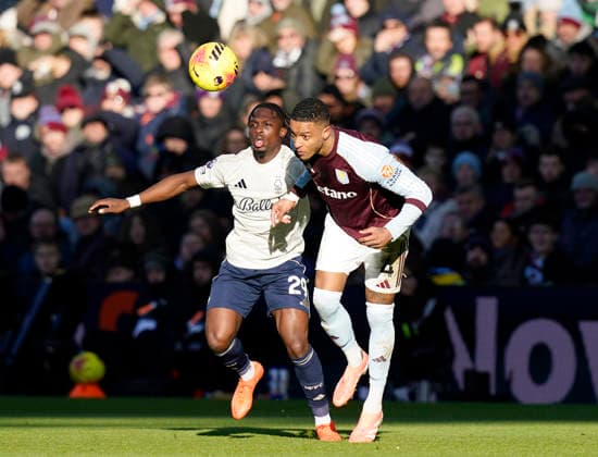 Birmingham, England, 3rd January 2026. Dilane Bakwa of Nottingham Forest tussles with Ezri Konsa of Aston Villa during the Aston Villa vs Nottingham Forest Premier League match at Villa Park, Birmingham. Picture credit should read: Andrew Yates Sportimage EDITORIAL USE ONLY. No use with unauthorised audio, video, data, fixture lists, club league logos or live services. Online in-match use limited to 120 images, no video emulation. No use in betting, games or single club league player publications. SPI_013_AY_Villa_Forest SPI-4426-0013