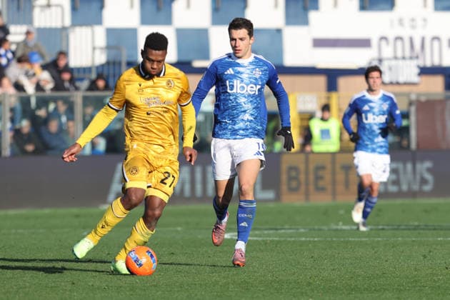 ComoÕs UdineseÕs Christian Kabasele UdineseÕs Marco Ballarini during the Serie A soccer match between Como and Udinese at the Giuseppe Sinigaglia stadium in Como, north Italy - January 3, 2026 - Soccer.  Copyright: xAntonioxSaiai LaPressex