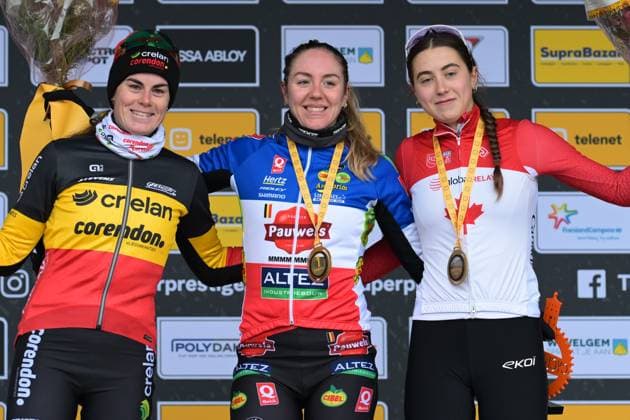 Belgian Marion Norbert Riberolle, French Amandine Fouquenet and Canadian Rafaelle Carrier pictured on the podium after the women elite race at the cyclocross cycling event in Gullegem on Saturday 03 January 2026, stage 7 8 in the Superprestige cyclocross cycling competition DAVIDxPINTENS  x153276923x