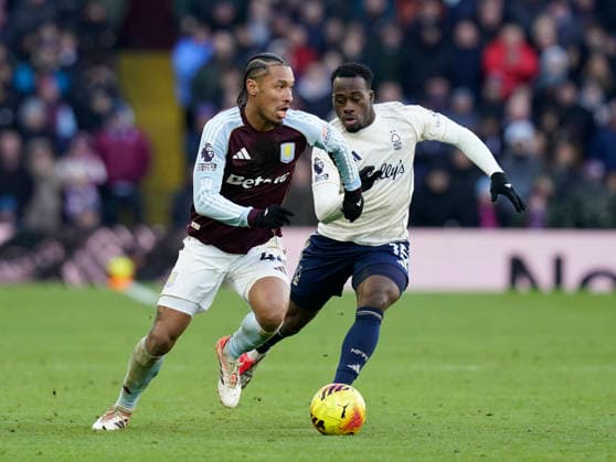 Birmingham, England, 3rd January 2026. Boubacar Kamara of Aston Villa and Arnaud Kalimuendo of Nottingham Forest during the Aston Villa vs Nottingham Forest Premier League match at Villa Park, Birmingham. Picture credit should read: Andrew Yates Sportimage EDITORIAL USE ONLY. No use with unauthorised audio, video, data, fixture lists, club league logos or live services. Online in-match use limited to 120 images, no video emulation. No use in betting, games or single club league player publications. SPI_057_AY_Villa_Forest SPI-4426-0057