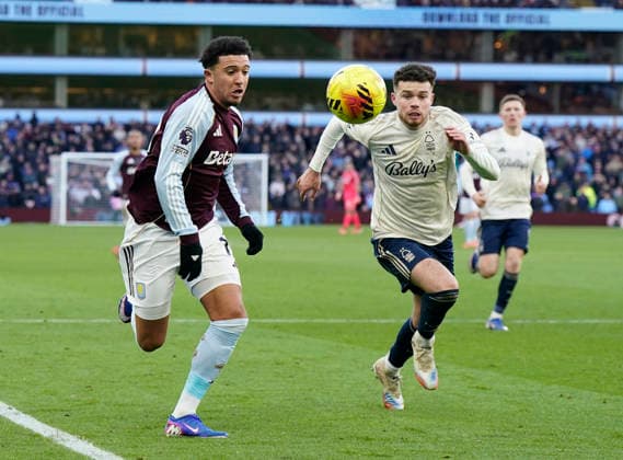 Birmingham, England, 3rd January 2026. Jadon Sancho of Aston Villa gets behind Neco Williams of Nottingham Forest during the Aston Villa vs Nottingham Forest Premier League match at Villa Park, Birmingham. Picture credit should read: Andrew Yates Sportimage EDITORIAL USE ONLY. No use with unauthorised audio, video, data, fixture lists, club league logos or live services. Online in-match use limited to 120 images, no video emulation. No use in betting, games or single club league player publications. SPI_058_AY_Villa_Forest SPI-4426-0058