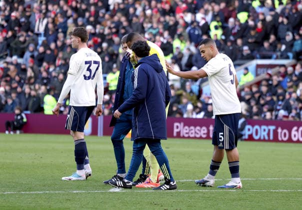 John Victor (NF) goes off injured at the Aston Villa v Nottingham Forest EPL match, at Villa Park, Birmingham, UK on 3rd January, 2026. 