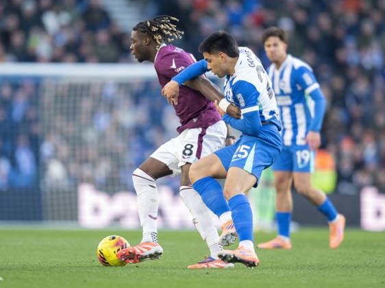 Brighton and Hove Albion v Burnley Premier League Diego Gomez of Brighton and Hove Albion battles for the ball with and Lesley Ugochukwu of Burnley during the Premier League match at the American Express Stadium, Brighton and Hove 03 01 2026 UK Newspapers OUT Copyright: xGraemexWilcocksonx FIL-22742-0045