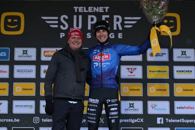 Belgian Niels Vandeputte (R) celebrates on the podium after winning the men elite race at the cyclocross cycling event in Gullegem on Saturday 03 January 2026, stage 7 8 in the Superprestige cyclocross cycling competition DAVIDxPINTENS  x153294093x