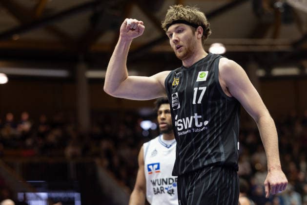HAKRO Merlins Crailsheim Tigers Tuebingen, Men, 2 Bundesliga, Barmer 2 Basketball Bundesliga, pro A, 16 Matchday, Season 2025 2026, 03 01 2026 Lukas Milner Tigers Tuebingen, 17 with clenched fist after a basket success